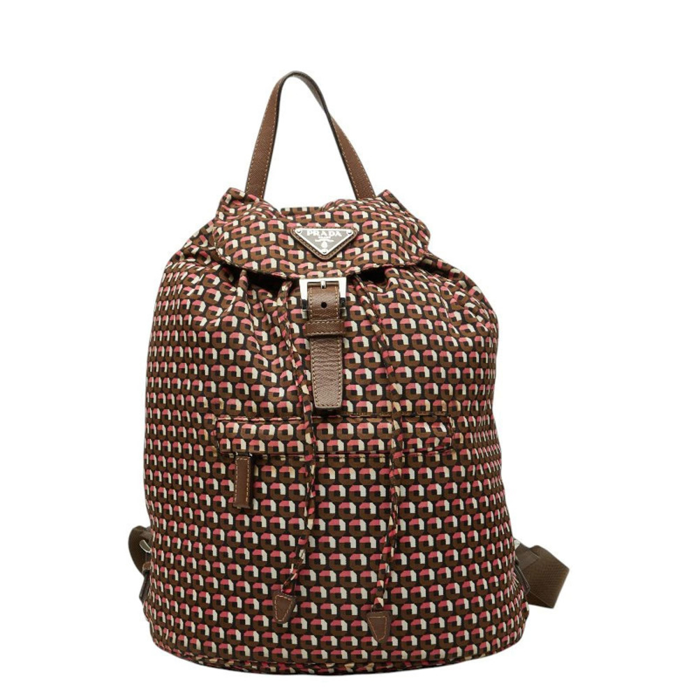 Prada Triangle Plate Backpack Brown Pink Leather